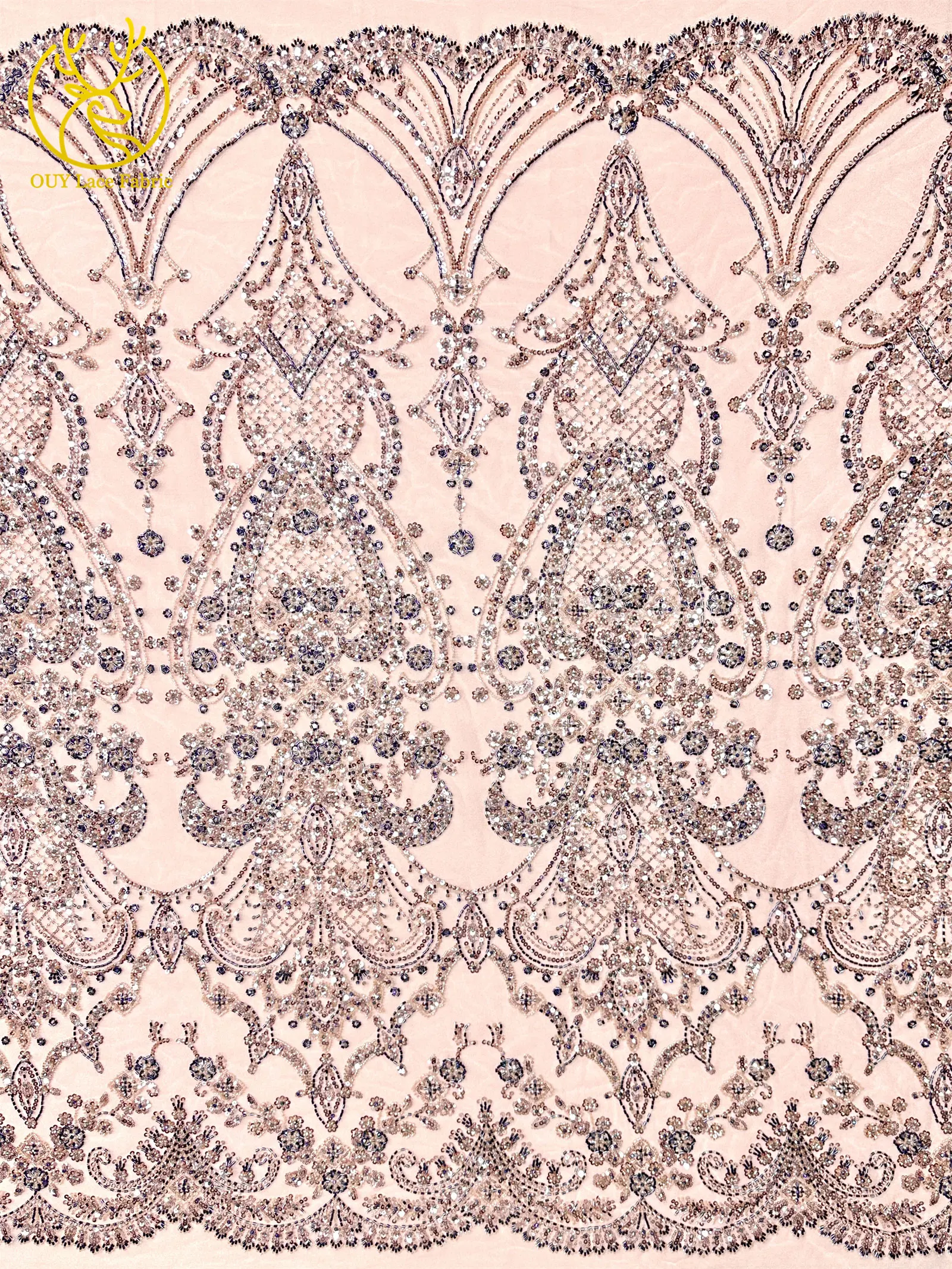 Pfirsichfarbener, hochwertiger, eleganter afrikanischer Brautkleidstoff mit Stickerei und Perlen, 2026 Nigerianische Pailletten-Spitze für Abendkleider und Hochzeitskleider zum Nähen – Detail 5