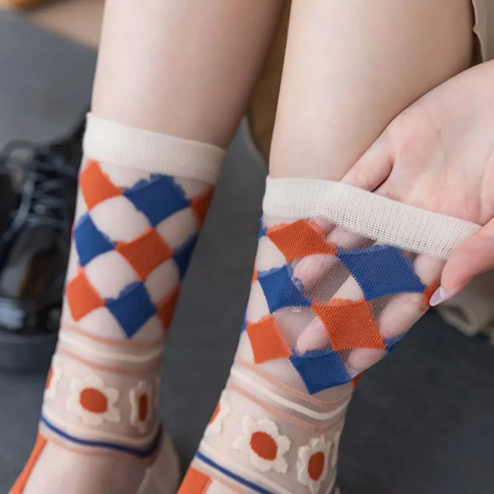 

5Pairs Mesh Transparent Flower Socks Ins Style Breathable Tulle Mid Tube Socks Female Hosiery Glass Silk Sweet Socks Women