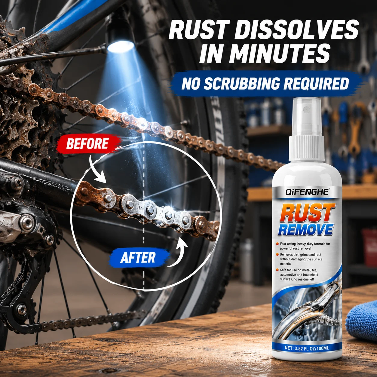 Heavy-Duty Rust Remover Spray Dissolve Rust Grime Safely Clean Metal Bike Auto Household Surfaces Without Residue
