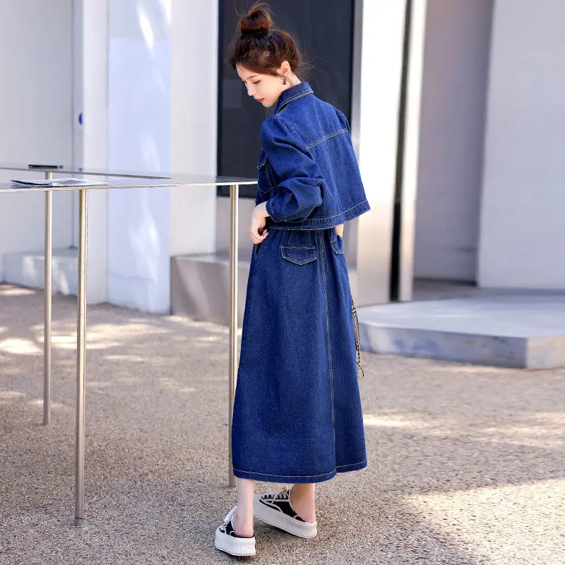 Women Blue Denim Skirt Sets Spring Autumn Casual Short Jeans Jacket + Elastic High Waist Skirt Two-Piece Set Ladies Elegant Suit