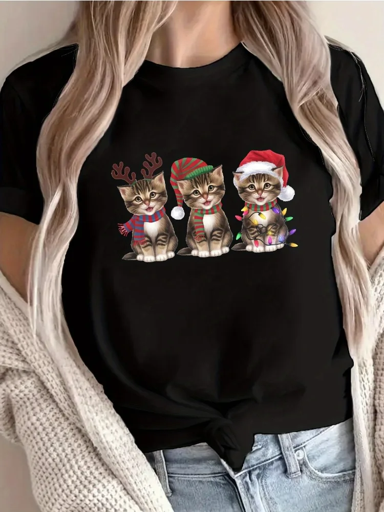 المرأة عيد الميلاد القط تي شيرت لطيف سانتا كلوز لينة طاقم الرقبة عارضة أعلى عطلة حزب ارتداء منقوشة تي شيرت قميص مطبوع
