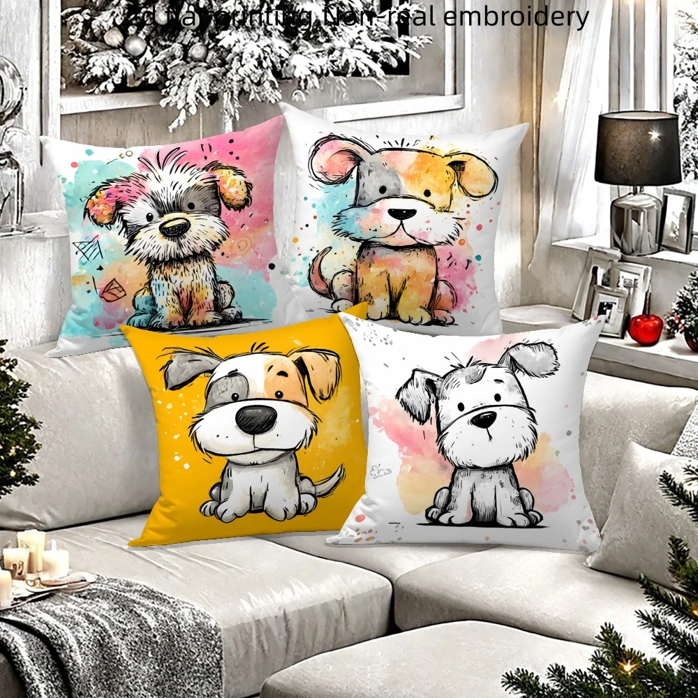 4pcs Watercolor Cute Dog Throw Pillow Covers, Cartoon Puppy Sketch Print Cushion Cases, Pet Lover Decor for Bedroom Living Room