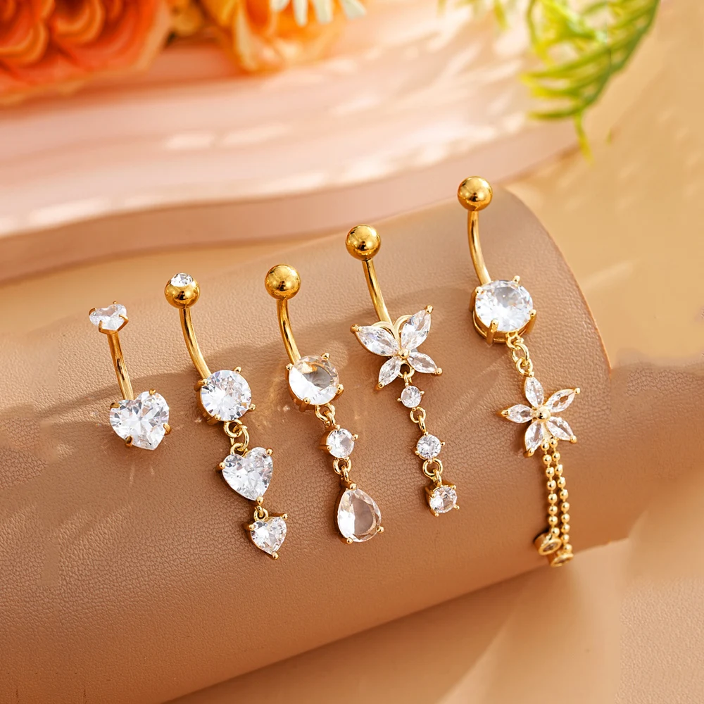 5pcs Dangled Belly Button Rings Butterfly Heart Set