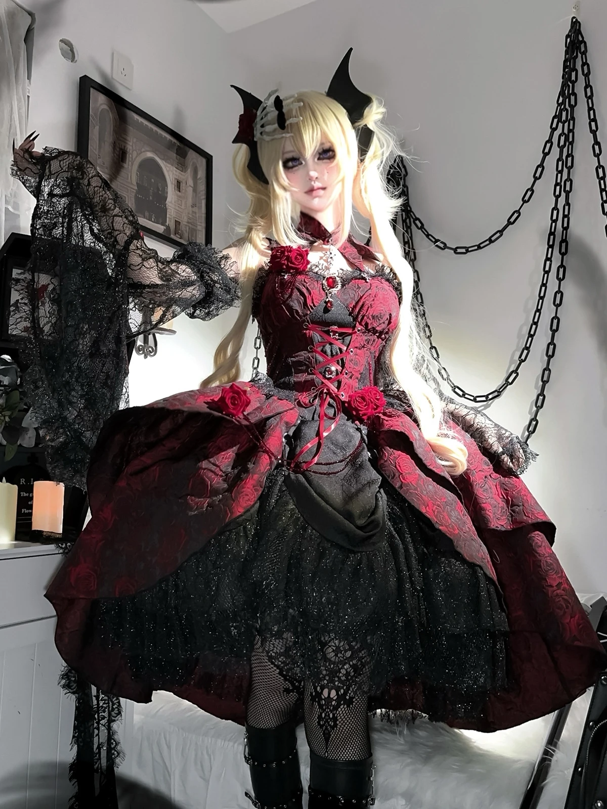 Originale Rose Jsk Lolita Palace Abito rosso nero con cinturino gotico Patch in pizzo Abito estivo Dobby Cake Ball Gown Gonna Vestido
