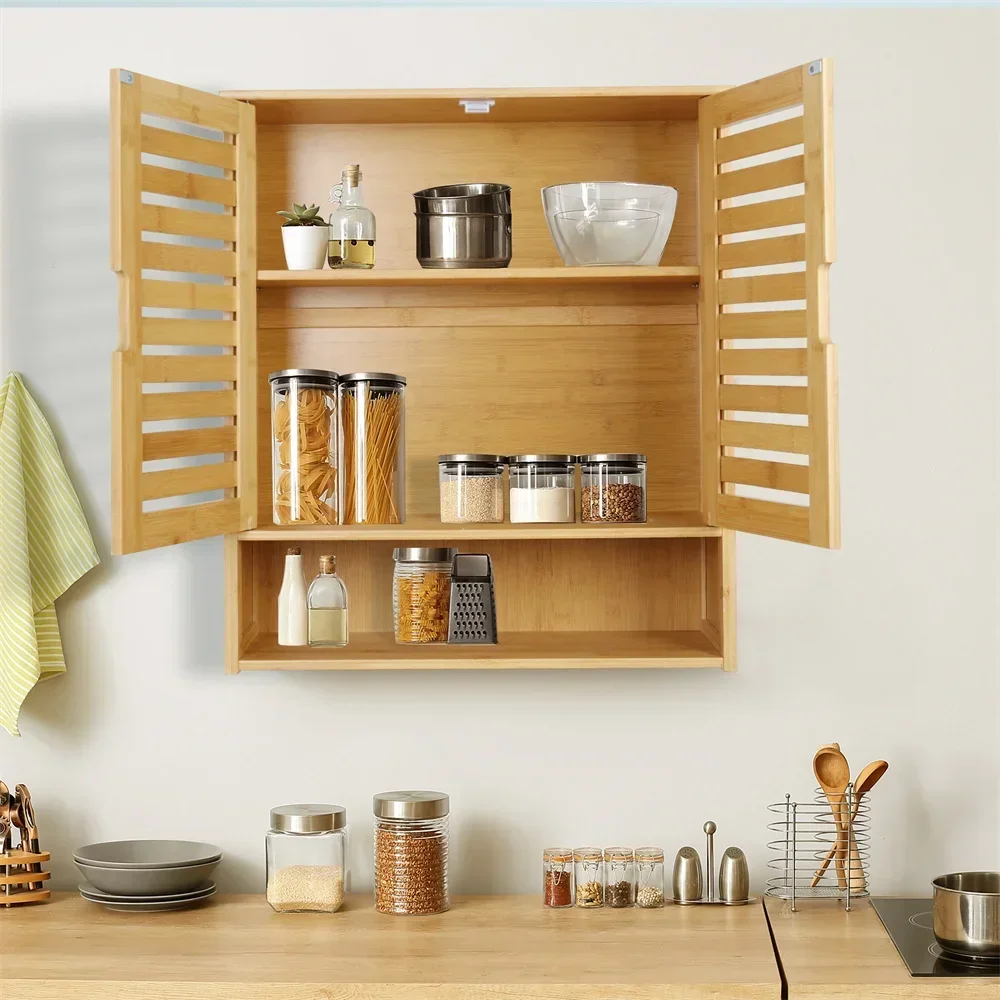 

%A Natural Bamboo Bathroom Cabinet Wall Mounted Kitchen Cabinet Cupboard Storage Organizer 3 Tier Shelf