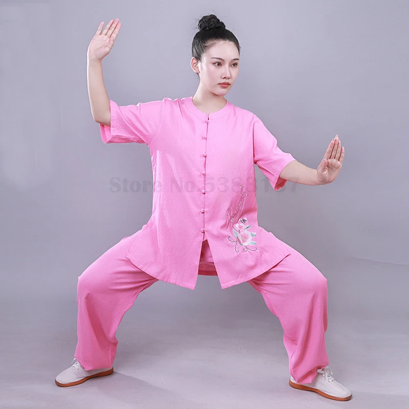 

Traditional Chinese Round Neck Wushu Kungfu Uniform Summer Short Sleeved Tai Chi Clothes Women Big Size 3XL Martial Arts Costume