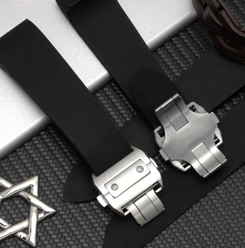 For Cartier Santos 100 W2020007 Waterproof Rubber Watch strap 25mm black soft Silicone Stainless steel watch buckle Watchband