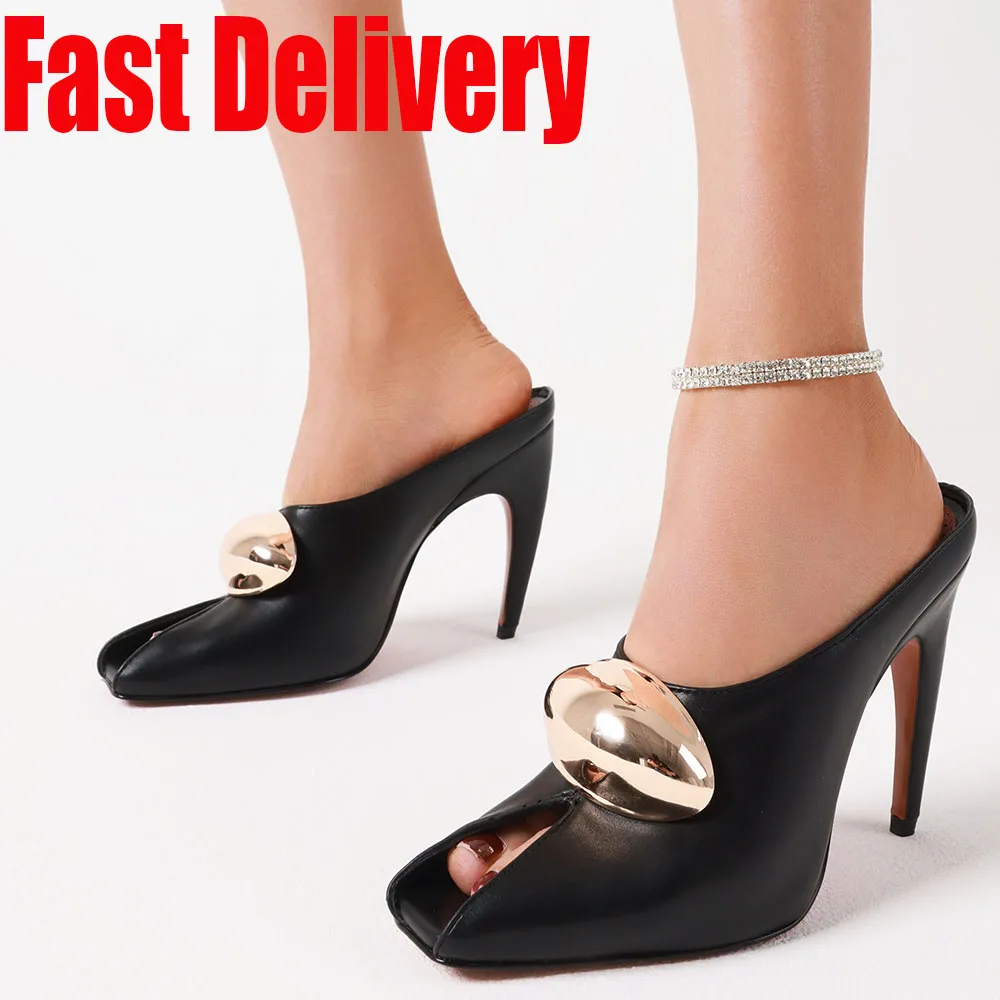 Elegant Women High Heel Shoes Metal Design Open-Toe Thin Heel Women's Pumps Shoes Sexy Comfortable Nightclub Dress Summer Shoes