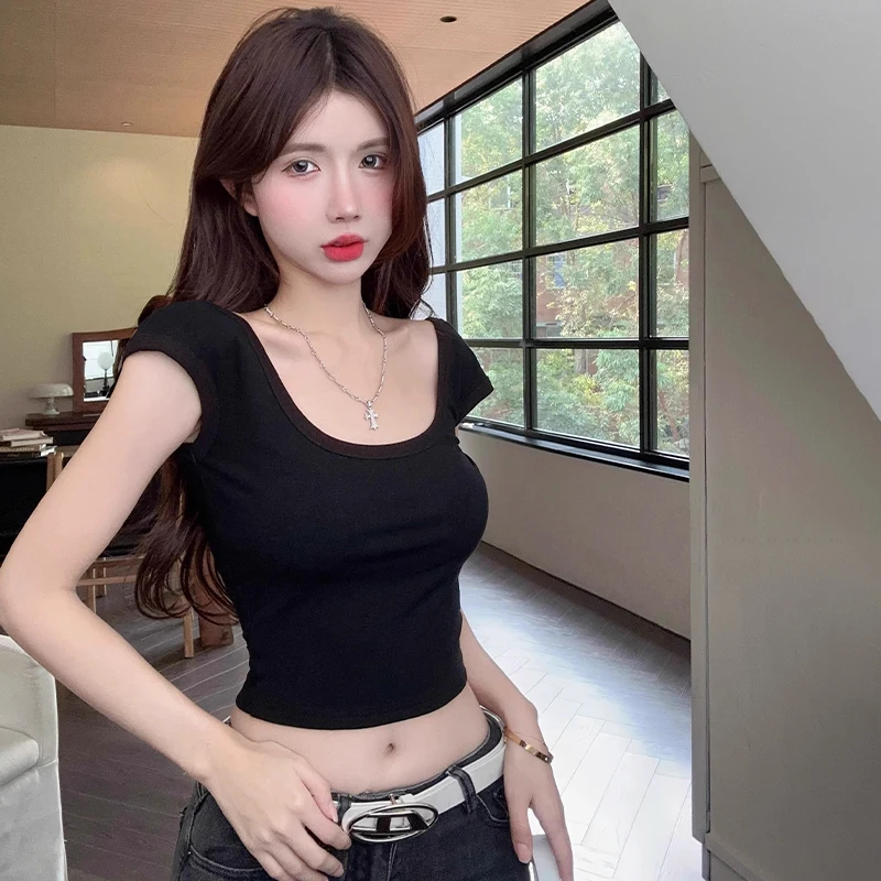 

American Style Shoulder Hot Girl Design Vest Backless Sexy T-shirt Slim Square Collar Top Y2K