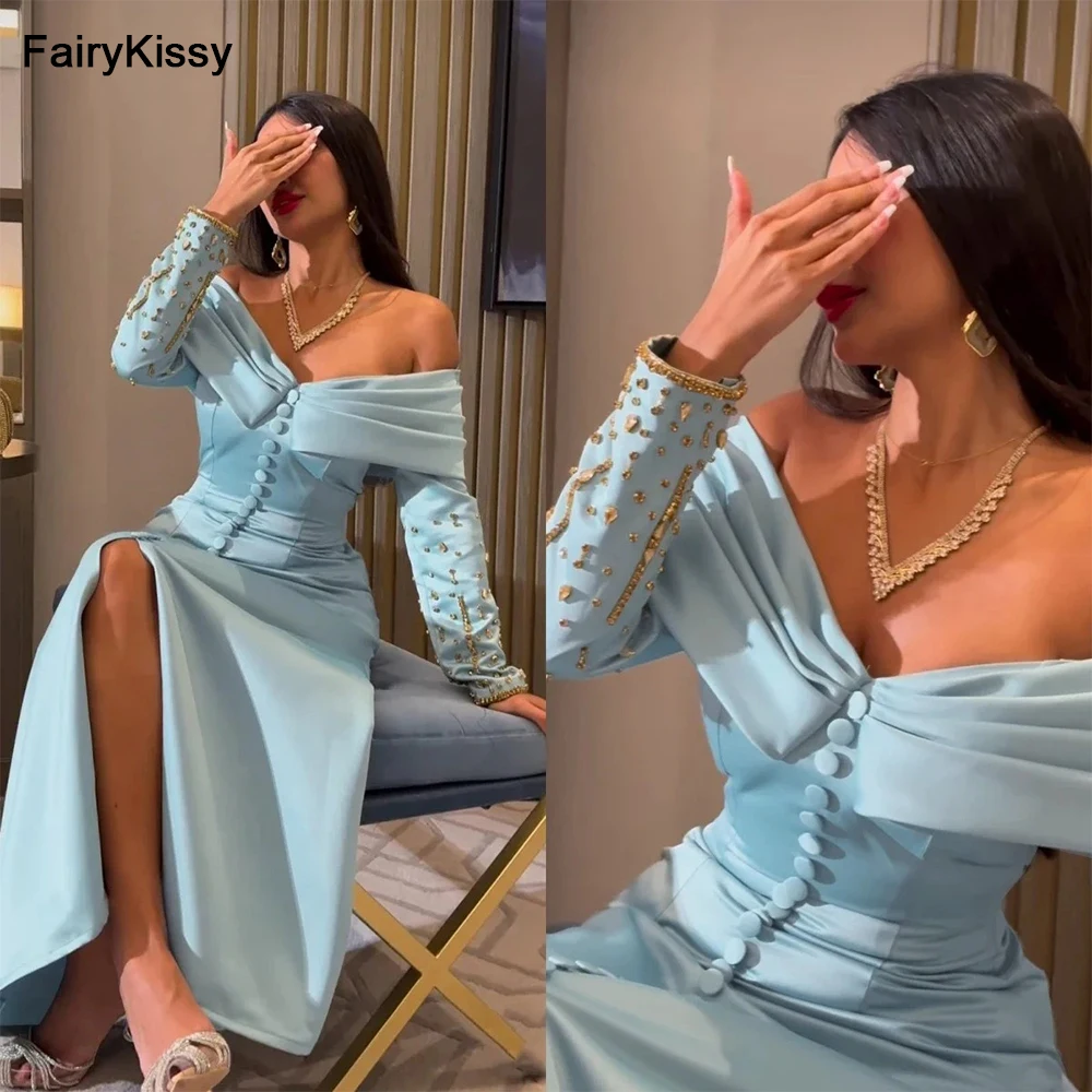 FairyKissy Off Shoulder Prom Dresses Gold Beads Long Sleeves Buttons Formal Evening Dresses Wedding Party Dress vestidos de gala