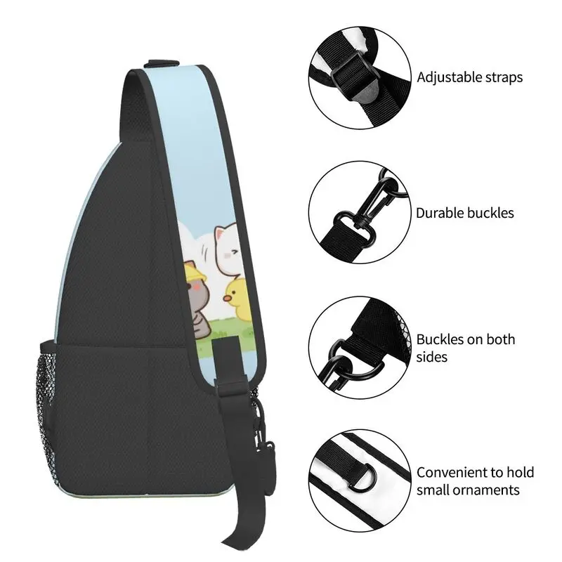 Mochila de dibujos animados Mochi Cat Peach y Goma para hombre, morral de hombro para viaje, senderismo, pecho cruzado, mochila de día