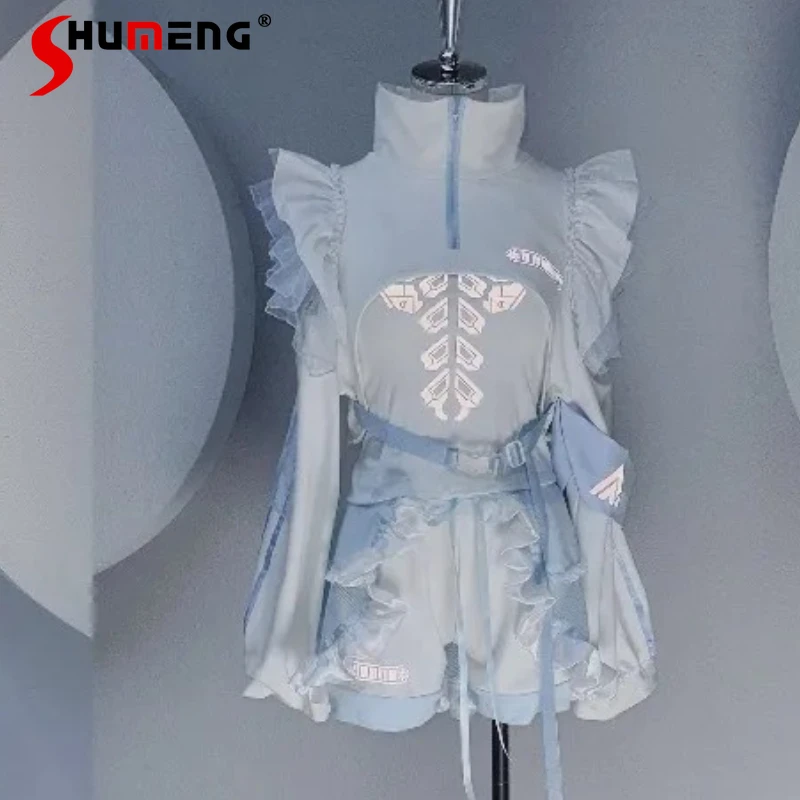 Autumn Japanese Style Cool Mechanical Blue White Watercolor Short Coat Vest Shorts Three-Piece Sets Women's Cute Cool Outfits