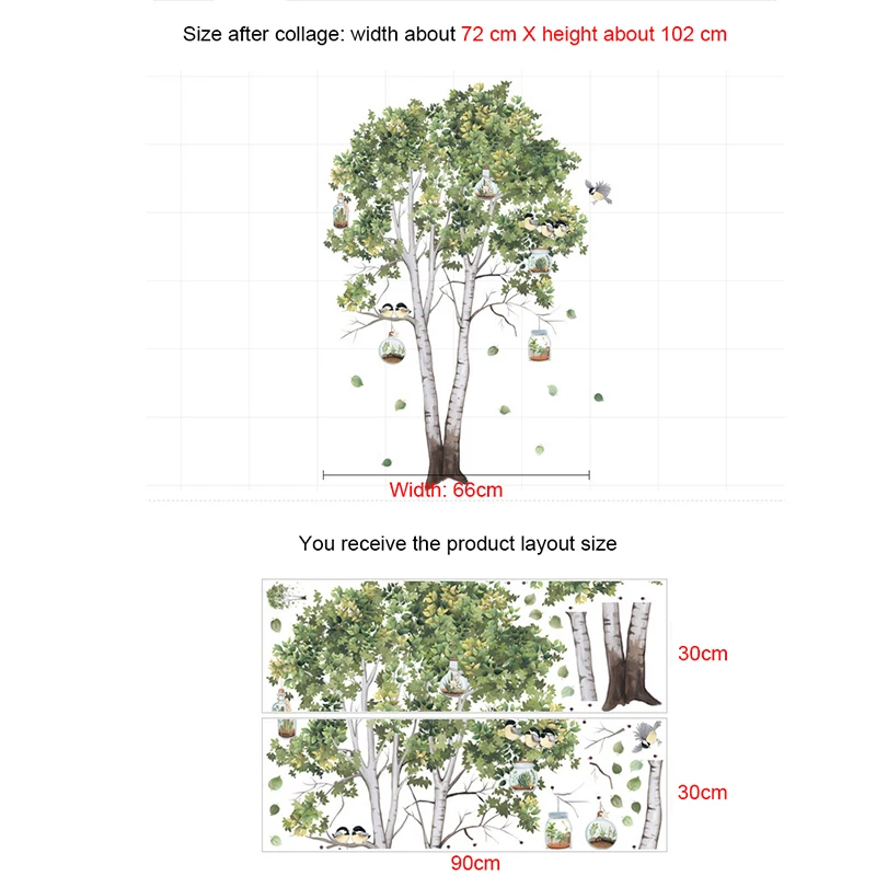 Big Tree Birch Wall Stickers Green Leaves Wall Decals Living Room Bedroom Birds Home Decor Poster Mural PVC Room Decoration