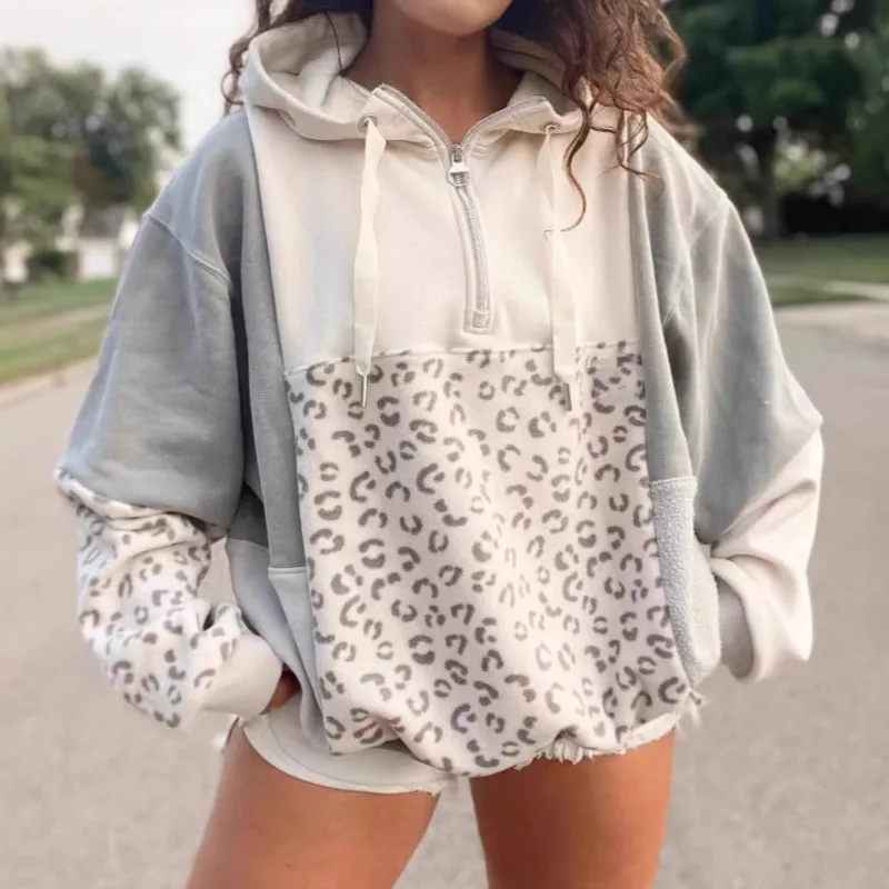 

Fashion Woman's Hoodie Autumn Winter Loose Zipper Leopard Print Ladies Tops Casual Color Matching Pocket Street Style Female Top