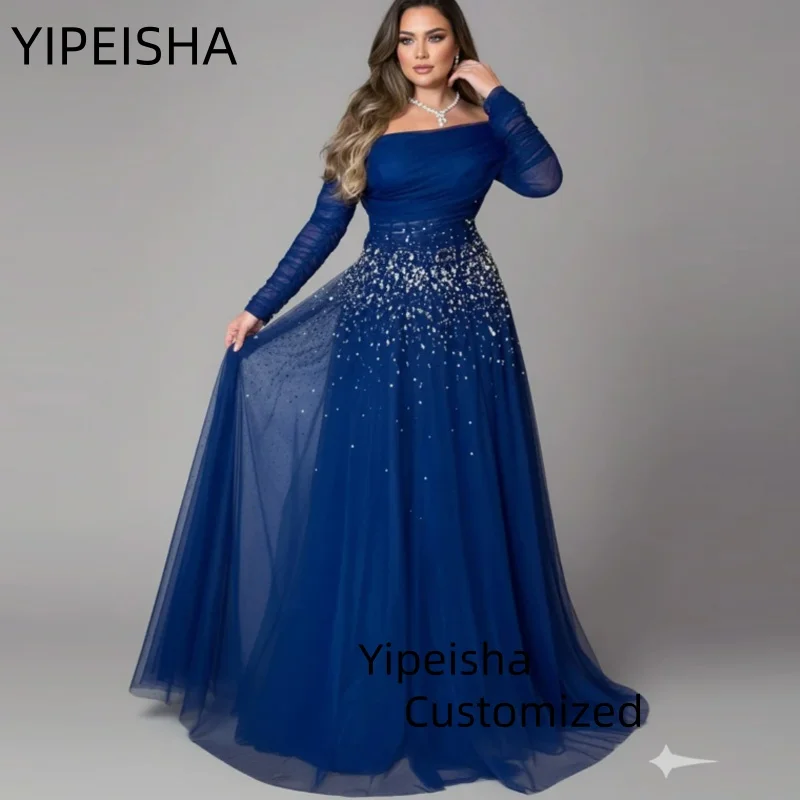 

Великолепные вечерние платья с длинными рукавами и кристаллами по индивидуальному заказу, с вырезом лодочкой, длиной до пола, плиссированные бисером, тюлевые платья для выпускного вечера, вечернее платье