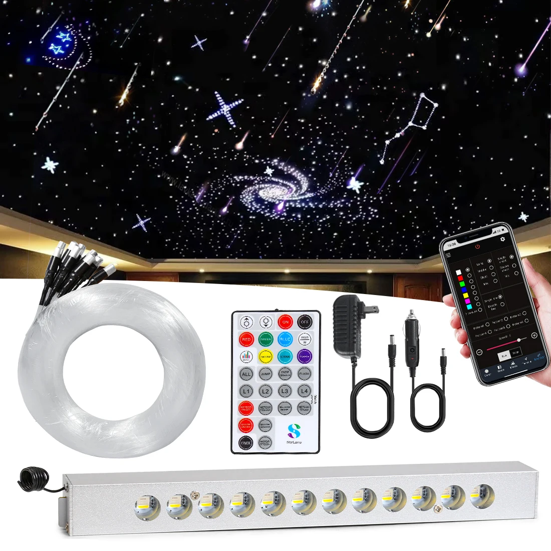 

12W 12LED RGBW Shooting Stars Light Car Roof Ceiling Meteor Kit 0.75mm 4M Fiber Optic Cable Starry Sky Lamp RF Remote&APP Contro