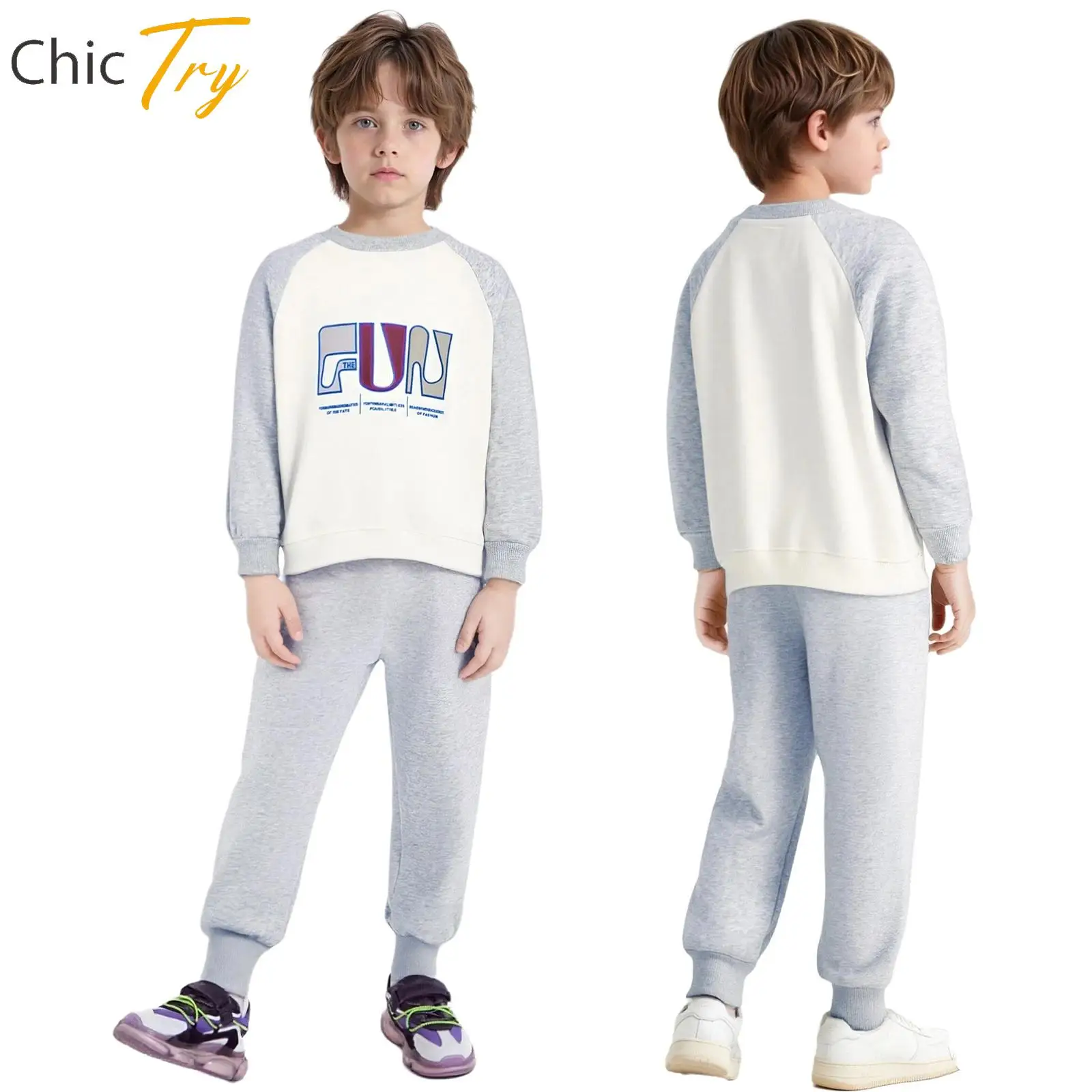 

Kids Sports Set for Boys Long Raglan Sleeves Color Block Pullover Sweatshirt with Sweatpants Suit Children Gym Fitness Clothes