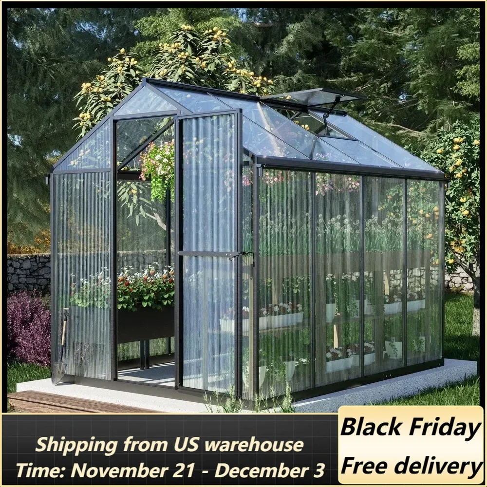 

6' x 8' Walk-in Polycarbonate Greenhouse with Heavy-Duty Aluminum Frame, 1 Vent Window & Lockable Door for Outdoor