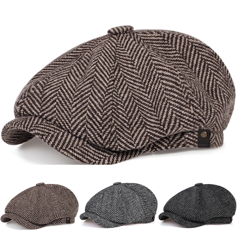 Men Casual Newsboy Hat Autumn Winter Diamond Check Retro Coarse Herringbone Grid Beret Hat Octagonal Cap Hip Hop Berets