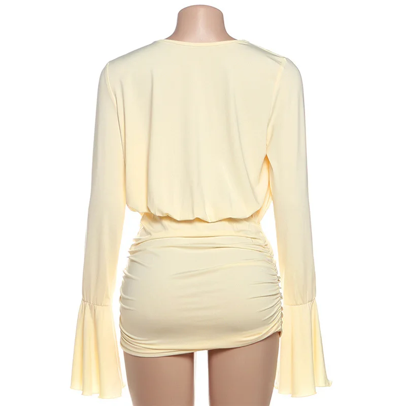 Patchwork Schärpen Kleid Frauen Geraffte Elegante Dünne Flare Hülse Kreuz v-ausschnitt Solide Unregelmäßige Einfache Trend Mini Bodycon