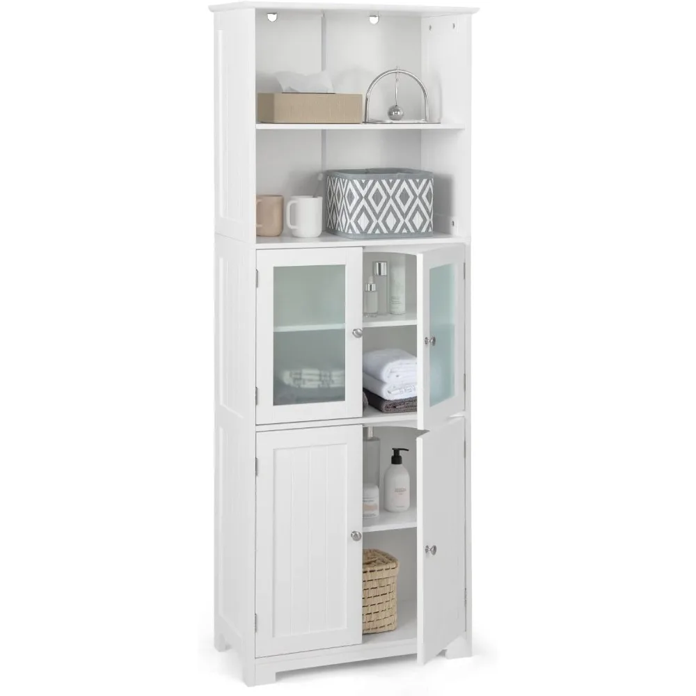 

Tall Bathroom Storage Cabinet, Freestanding Floor Cabinet w/2 Glass Doors & 2 Open Shelves, 3-Position Adjustable Shelves