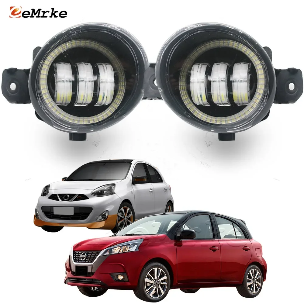 EEMRKE LED Driving Fog Lights Assembly for Nissan Micra March DBA-K13 IV 2010-2022 + Car PTF Front Angel Eyes DRL Ring Halo