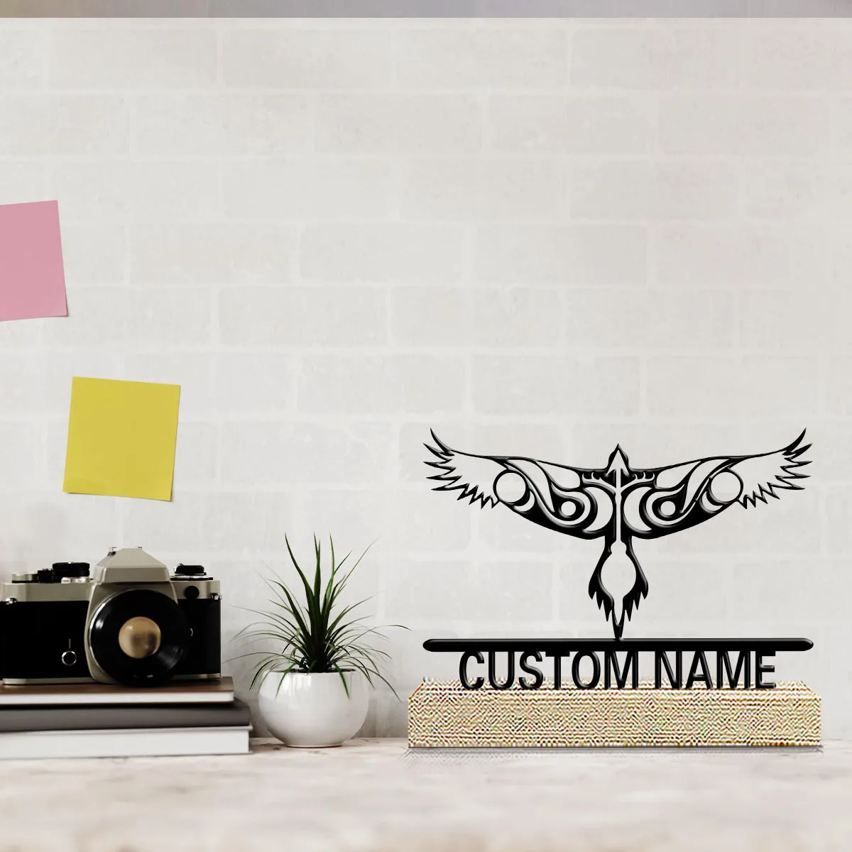 1pc Personalized Metal Artwork Custom Content Equipped with Wooden Base Desktop Decorations,Office Decorations