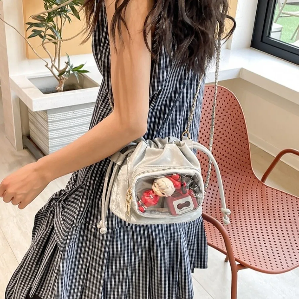 

Fashion Handbag Transparent Pocket Itabag Purse Korean Style Drawstring Bucket Bag Shoulder Bag Solid Color Crossbody Bag Girl