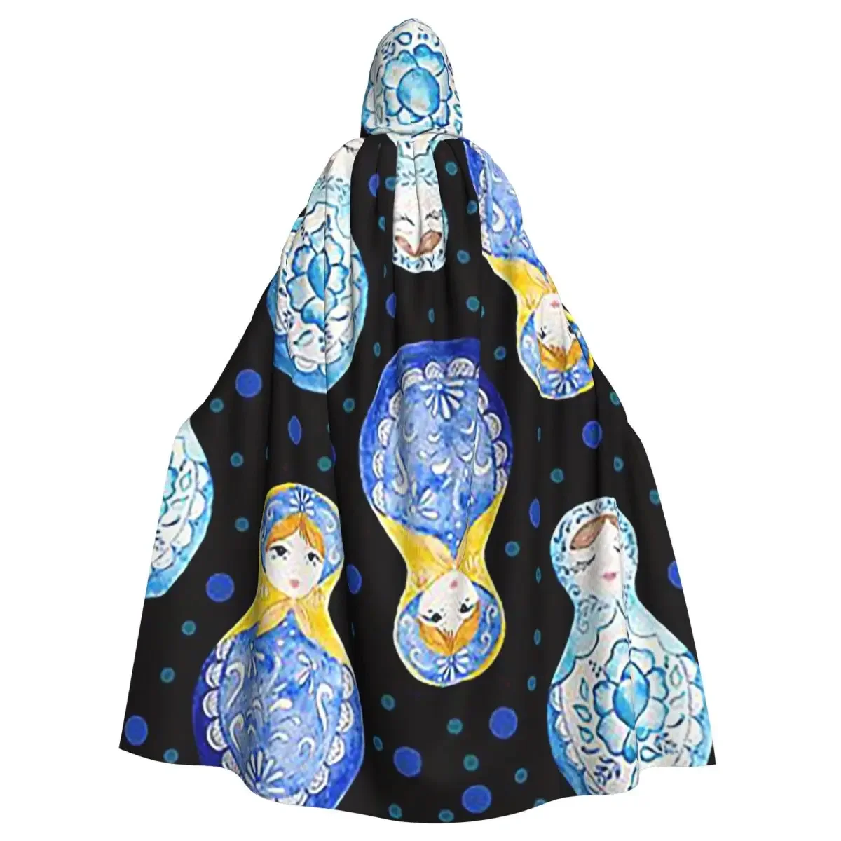 Blue Nesting Dolls Matryoshka Pattern Long Hooded  Witch Medieval Costume Cosplay Cape HalloweenVampire Adult Unisex