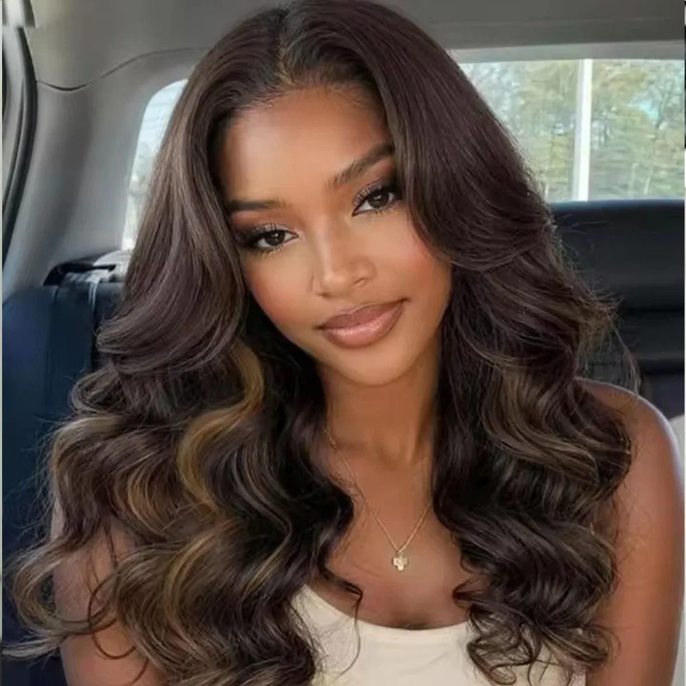 Hightlight Dunkelbraune U-Part-Perücke aus 100 % Echthaar, lockere Wellen, Babyhaare, klebefreie V-Part-Perücke, brasilianisches Echthaar für Damen – Detail 3