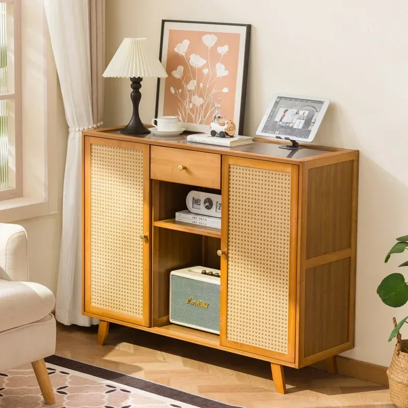 Retro medieval rattan dining side cabinet integrated against the wall kitchen living room coffee rack wine cabinet