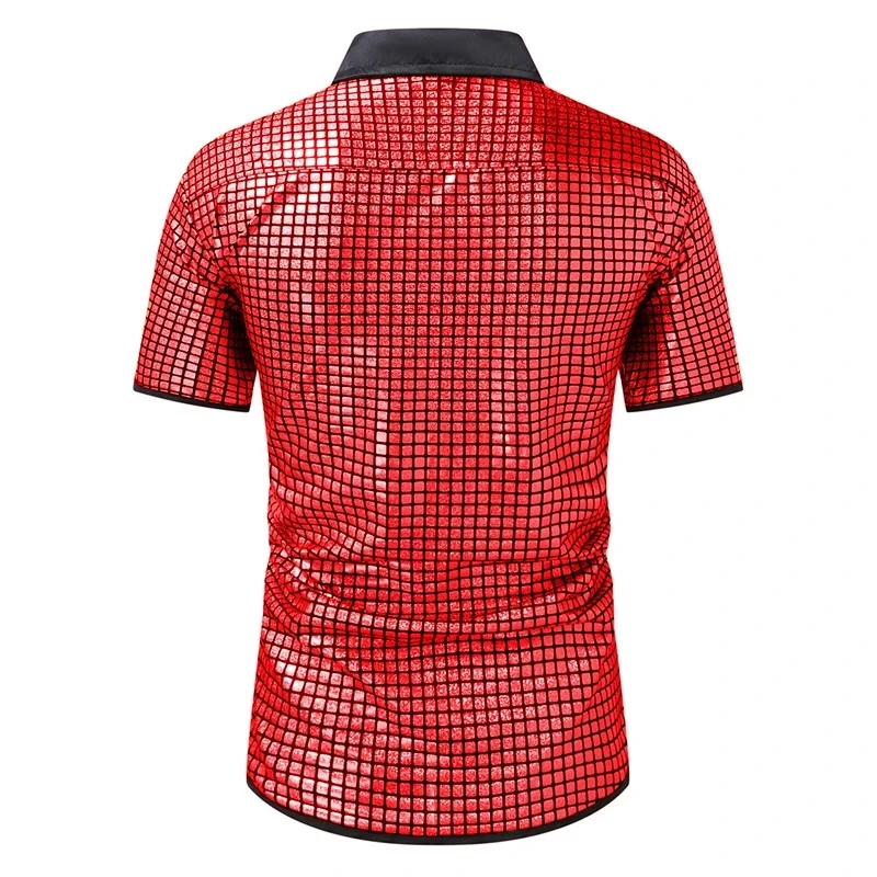 Summer New Men's Short Sleeved Sequined Shirt, Fashionable Men's Dance Party Bar KTV Luxurious Red Casual Glossy Shirt