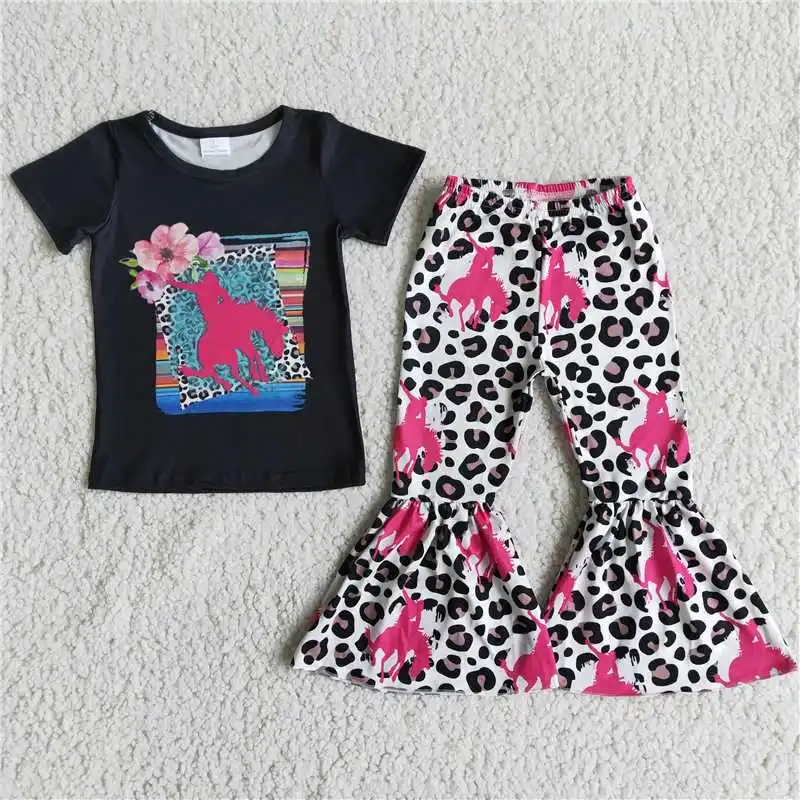 Wholesale price summer small fresh style suit flower horse pattern black cotton short sleeve leopard print flare pants girls