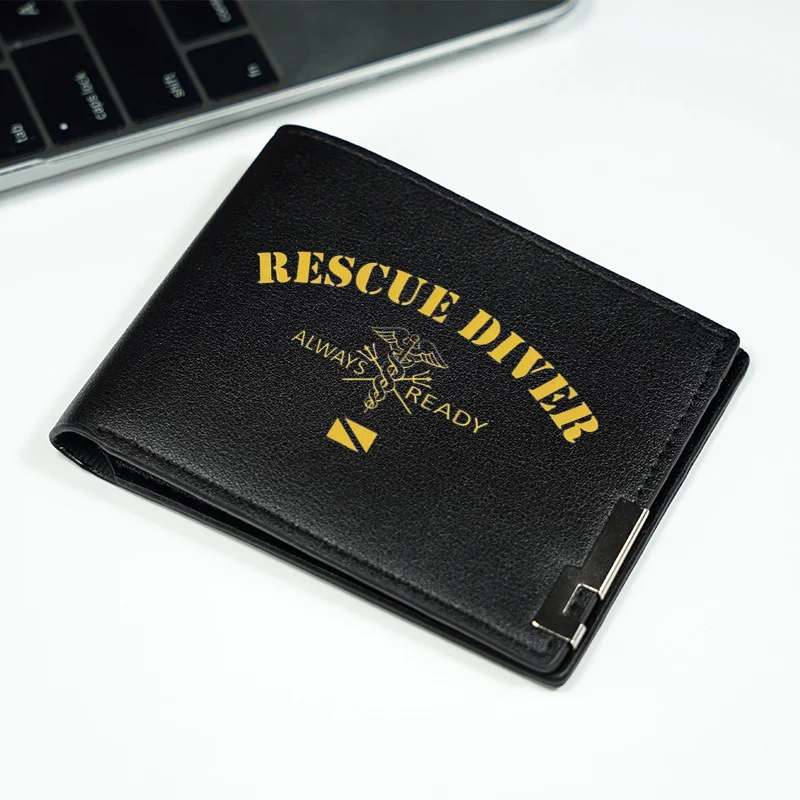 RESCUE DIVER ALWAYS READY MEN'S SLIM WALLET BLACK PU LEATHER LIGHTWEIGHT DURABLE BUSINESS STYLE EVERYDAY USE