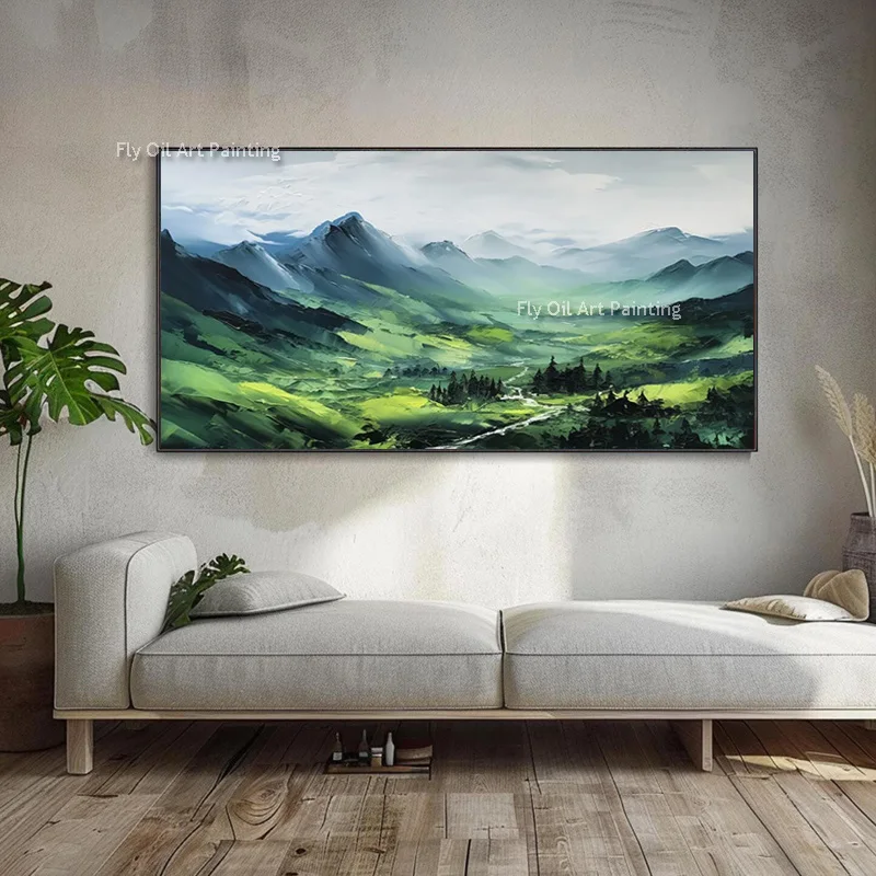 

Handpainted Large Green Mountains Landscape Thick Oil Painting On Canvas Green Blue White Mountain View Wall Art Decor For Home