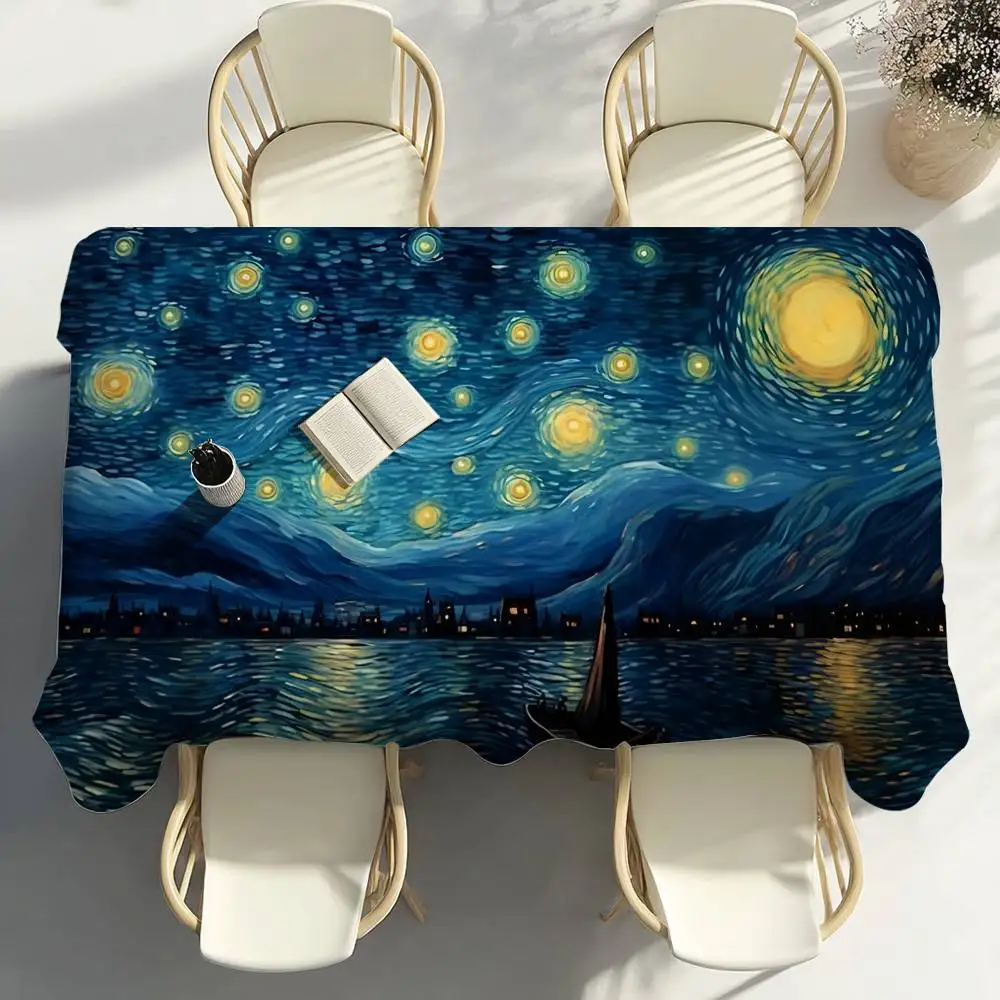 

V-Van Gogh's Starry Night Table Cloth Party Decor Dining Room Home Kitchen Patios Waterproof Stain-Proof Table Cloth