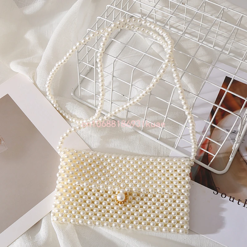 Pearl Woven Purses and Handbags for Women Girls Flap Handbag Small Wallet Phone Crossbody Bag Ladies Shoulder Bag