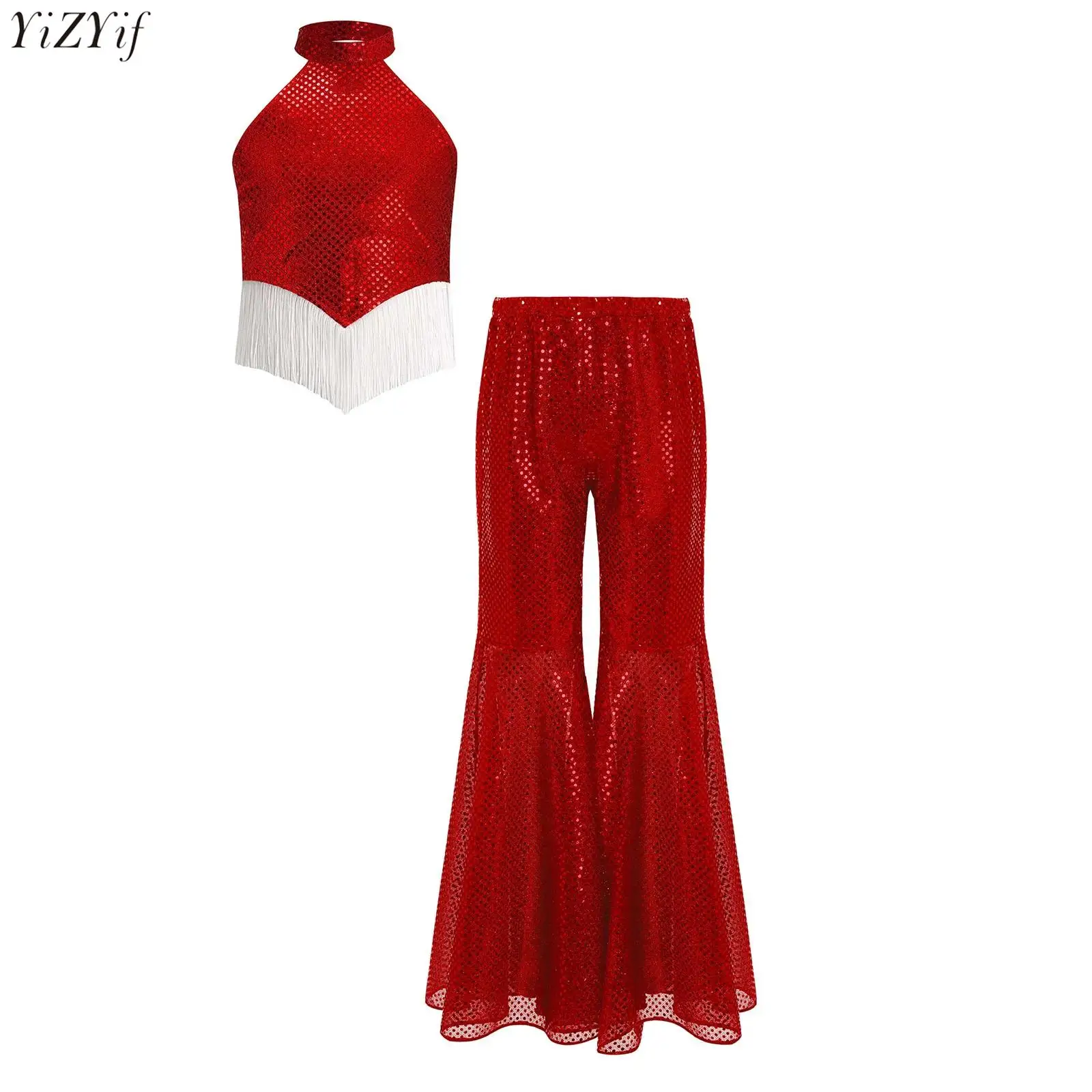 

Metallic Bell Bottom Party Romper Dancewear for Kids Girls Jazz Dance Competition Costume Sequins Latin Tassels Crop Top + Pants