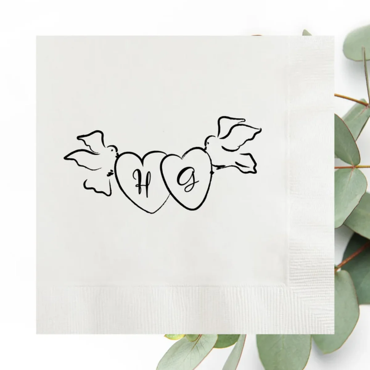 

Personalized Hand Drawn Bird Wedding Napkins, Custom Pigeon Lovebird Initials, Engagement Party, Vow Renewal, Anniversary, Rehea
