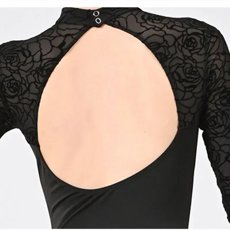 العنب الأسود يوتار للنساء مع تمتد الدانتيل تانك الأعلى طويلة الأكمام النايلون دنة زي الباليه مفتوحة الظهر ارتداءها مثير