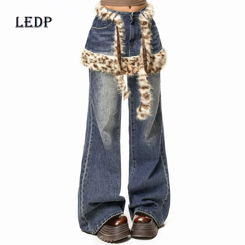 

Retro Sexy Leopard Print Fluff Splicing Fart Curtain Women's Pants Autumn Winter New Design Hot Girl Fake 2-piece Jeans Ladies