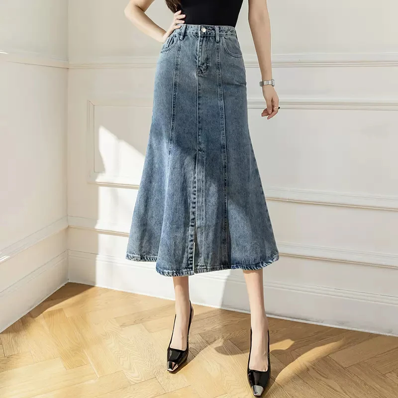 

New Women Spring Summer Trumpet Mermaid Denim Skirt Fashion High Waist Hip Wrap Split Fishtail Skirt Casual Mid-Calf Skirt