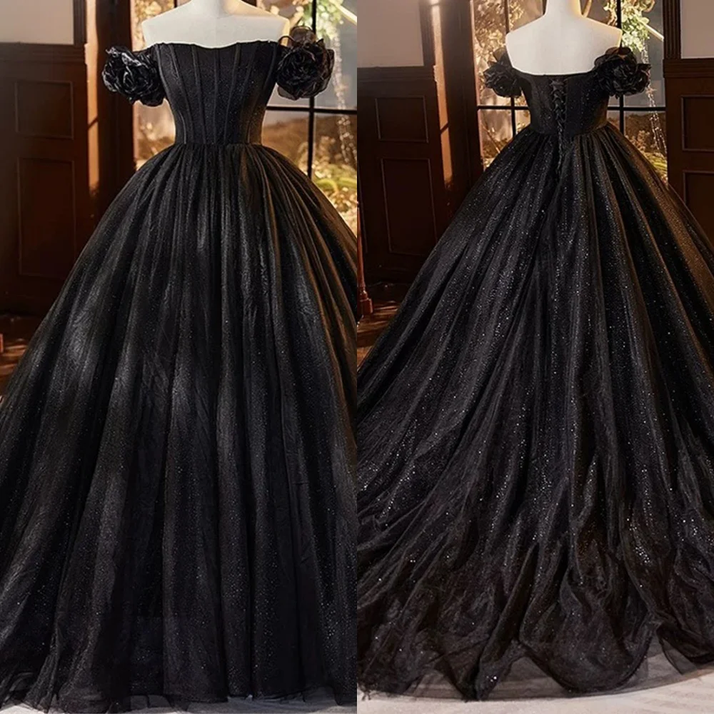 

Customized Graceful Black Tulle Evening Dress Delicate Strapless Off the Shoulder Lace Up Back Flowers Special Occasion Gowns