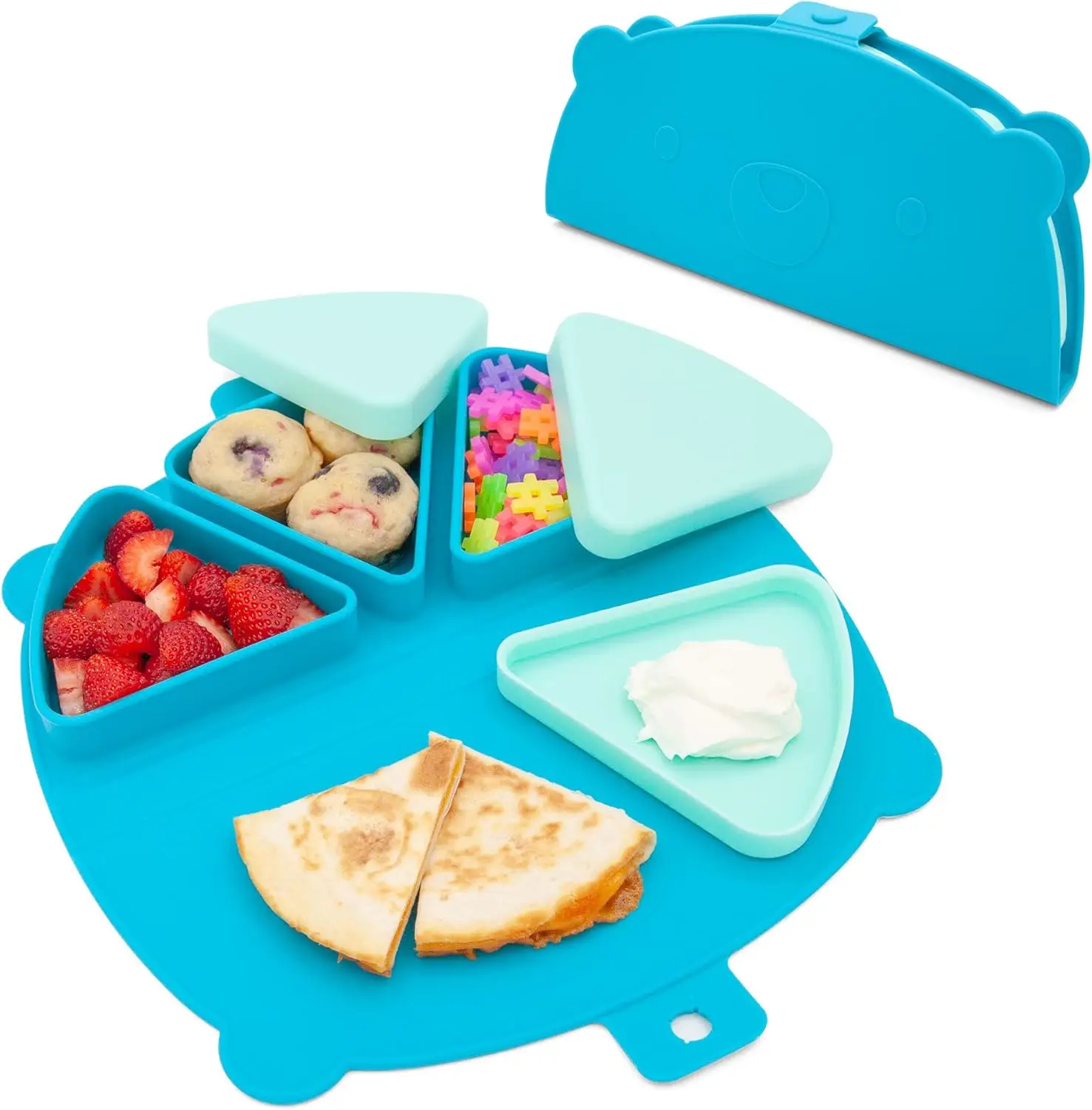 

Foldable Silicone Snack Mat with 3 Compartments and Lids, Dishwasher Safe for Travel