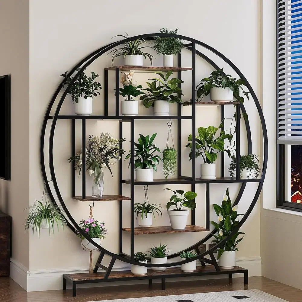 63-Inch Indoor Round Plant Stand with 5 LED Lights and Full-Moon Metal Shelves