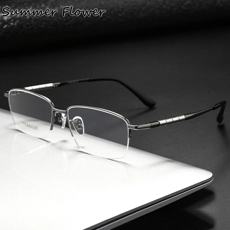 

Men Pure Titanium Eyeglasses Optical Prescription Lenses Spectacle Frame Male Ultra Light Semi Rim Flexible Glasses Titan