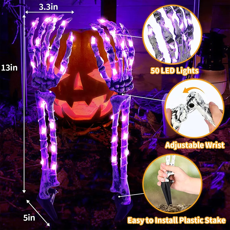 Life-Size LED Skeleton Decor - Glowing Realistic Skull with Poseable Arms, Outdoor Halloween Props for Yard & Haunted Houses