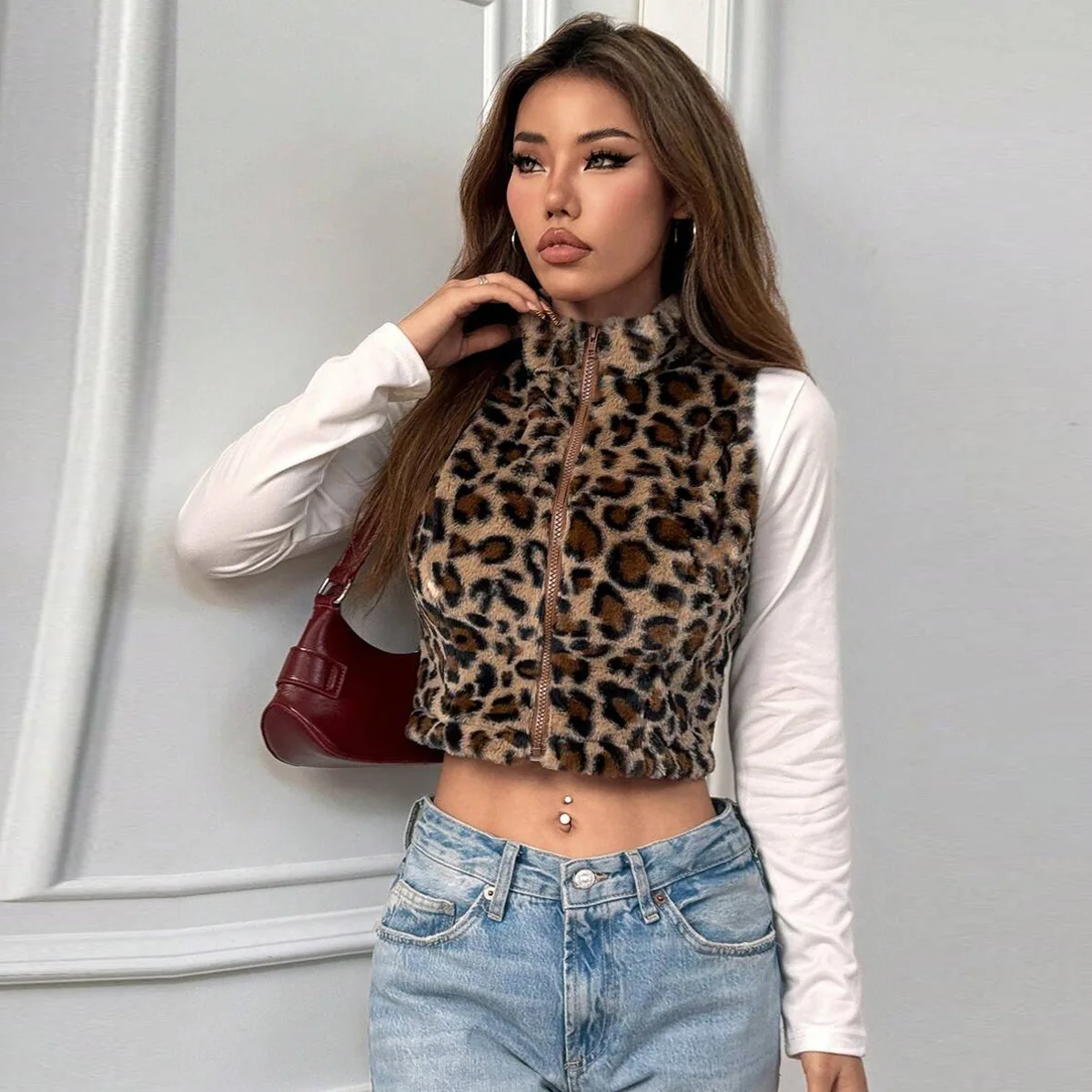 BKLD 2026 Autumn New Fashion Trendy Crop Tops Leopard Printed Vest Women Streetwear Zipper Stand Collar Sleeveless Coats