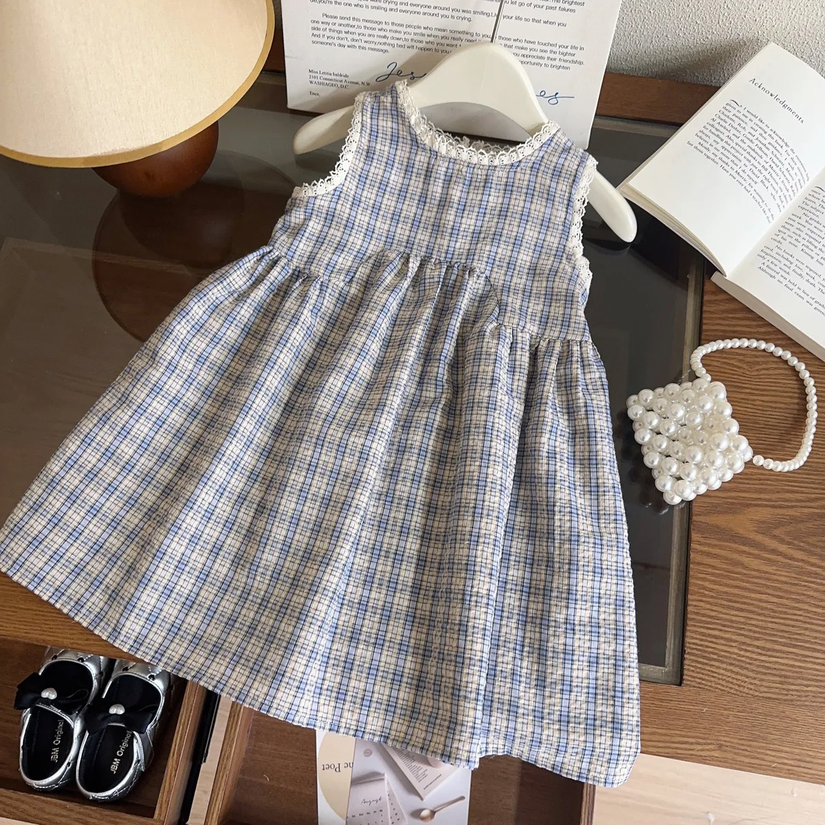 Girls' Plaid Dress Summer New Vacation Style French Retro Sleeveless Vest Dress for Little Girls Hat Included