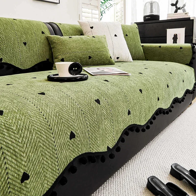 Soft Chenille Sofa Cushion with Fur Balls Skin Friendly Sofa Dust Cover for All Seasons Cozy Anti-Slip Protection Slipcover